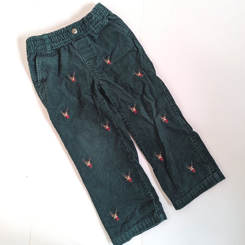 E. Land Corduroy Christmas Pants Reindeer Boys 4t Green Holiday